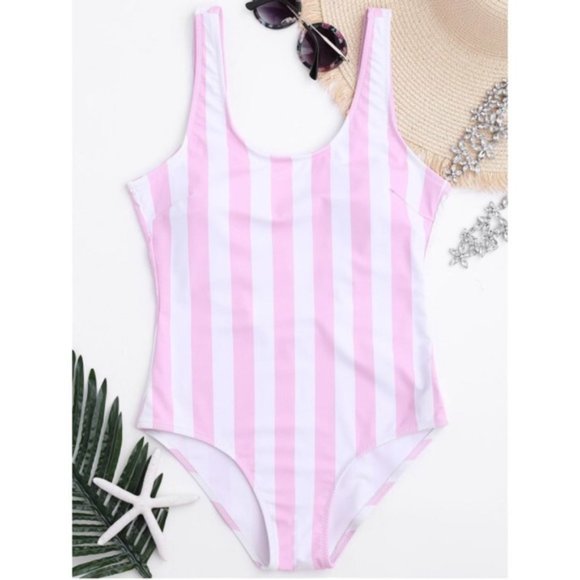 Zaful Pink Stripe Low Back One Piece Swimsuit - Picture 9 of 9